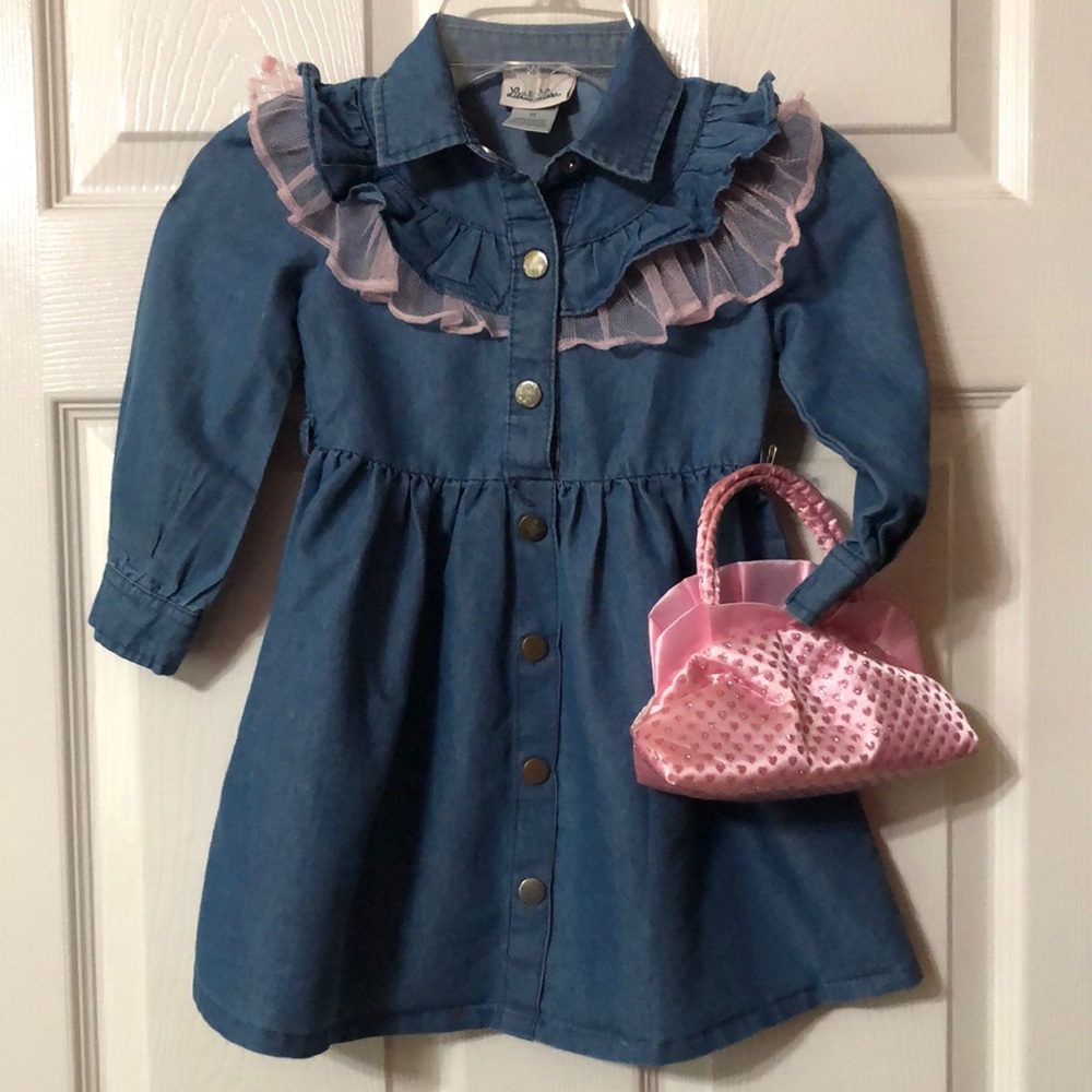Little Lass Blue Denim Dress Size 3T with Pink Lace Accents & Pink Sparkle Purse